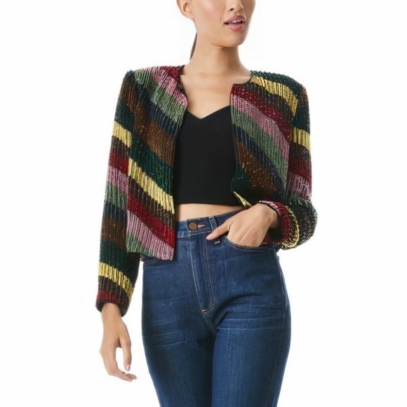 NWT Alice + Olivia Sequin Silk Rainbow-Striped Kidman Cropped Jacket - Picture 5 of 8